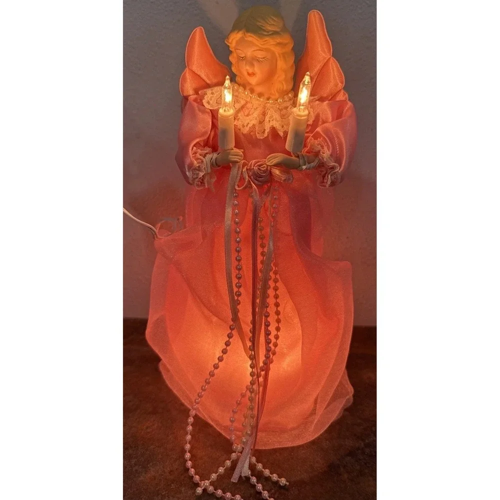 Vintage Pink Porcelain Face Angel Christmas Tree Topper 10-Light Lighted Y2K
